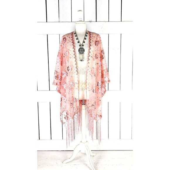 Sheer peach pink net sequin floral fringe kimono cardigan cover up jacket - Picture 5 of 7